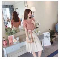 2022 년 여름 여성 드레스 투피스 프랑스 스타일 짧은 소매 세트 스커트 작은 향수 패션 나이 감소 요정, 레드, L 추천 100-110kg