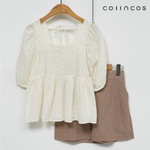 코인코즈 스퀘어넥 펀칭 백 리본 퍼프 반팔 블라우스 (IY2MB5150)