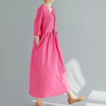 ZT 빅 사이즈 리넨 브이넥 롱 스커트 미디움 소매 면 마 원피스 뉴타임즈 K263H666