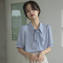 현물 스모크 블루 쉬폰 반팔 셔츠 여여름 작은 키의 드로잉 느낌의 한국식 리본 상의는 부드러움바람