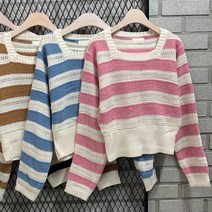 라라스퀘어 니트셔츠)사각넥 왕단가라 펀칭 큰줄무늬 스트라이프 배색니트 패턴무늬니트티셔츠 배색니트 봄신상 펀칭니트티셔츠