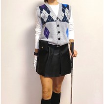 오픈 단추 아가일 니트조끼 루즈핏 여성골프웨어 골프퀸카