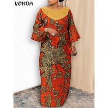 여성용 드레스 2022 VONDA 여름 파티 3/4 슬리브 플로랄 프린트 로브 팜므 A Line 맥시 Sundress Holiday Vestido