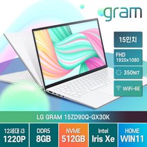 LG전자 2022년형 그램15 인치 15ZD90Q-GX30K 15형 윈도우11 게임 학생 주식 기업 가성비 노트북 윈도우11, LG그램 15ZD90Q-GX30K, WIN11 Home, 8GB, 512GB, 코어i3, 화이트