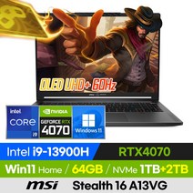 [사은품 증정!] MSI Stealth 16 Mercedes-AMG Motorsport 윈도우11 고사양 게이밍 영상편집 16인치 노트북 (코어i9-13900H/RTX4070), Stealth 16 A13VG, 윈도우 포함, 64GB, 3TB, 코어i9, 그레이