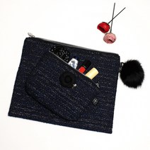누머아인스 네이비 트위드 카멜리아 클러치 앤 파우치 리얼밍크폭스 키링