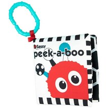 Sassy Peek-a-Boo 신생아 및 이상 연령층용 활동 책 여행을 위한 첨부 링크 포함 블랙 화이트, Black White
