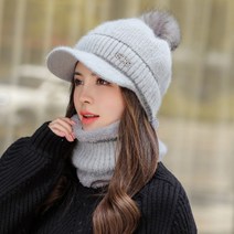 줄무늬 여성 겨울 골프 니트 털 캡 챙 모자 여자 연습복장 귀도리 이어워머, 그레이모자 넥워머