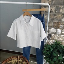 상상그이상 여성용 국내제작 데일리 반팔 크롭남방 무지 캐주얼 셔츠 코튼면 포켓 숏남방