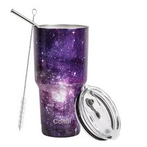 써모스 텀블러 + 빨대뚜껑 + 빨대 + 빨대솔, 스테인리스, 900ml, 별이 빛나는 밤-보라색