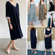 아이우먼 무배 빅사이즈 셔링 롱 브이 배색 요꼬 반팔 원피스