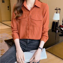 양기 캐주얼 가을 여성복 터틀넥 포켓 스트라이프 블라우스 상의 카디건 셔츠 이너 셔츠