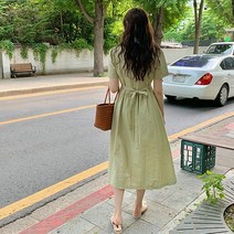 바비수아 올슨 여성 무지 린넨 반팔 리본 롱 원피스