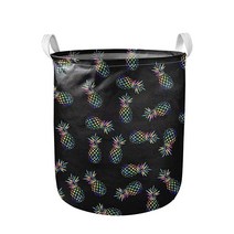 Daulesho 다채로운 파인애플 트리피 아트 디자인 대형 세탁 바구니 보관 정리함 친환경 캔버스 원단 세탁 바구니 접이식 의류 가방 블랙