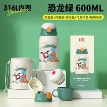 대용량텀블러 얼굴 학생 보온병 컵 물컵 아기시피 316 유치원 남녀 학교 특수 초등학생, 4. 다이노소어 그린 600ml [한잔에 더블음료+컵세
