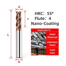 Tooleye HRC55 CNC 카바이드 엔드 밀 4 플루트 금속 용 기계 커터 공구 3 5 6 8 12 생크 텅스텐 스틸 플랫 밀링, [01] d1xD4x50L, [01] 1pc HRC55 4F, 1개