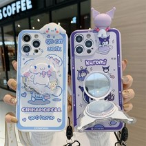티레오 큐티 쿠로미 시나모롤 아이폰 호환 폰케이스+캐릭터 페이스 거울 크립톡+목걸이 스트랩 3종세트 실리콘 낙하방지