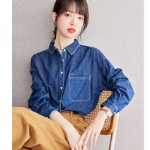 여성 레트로 빈티지 블루진 레이어드 클래식 청남방 구제 워싱 포켓 패치 데님 셔츠