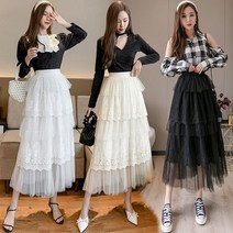 안나리야 레이스 밴딩 캉캉 매쉬 롱 샤 스커트 YJ