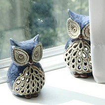 부엉이 촛대 2P 도자기 캔들홀더 티라이트 양초워머, 청부엉이 2P