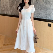 스타일아유 여성 여름 스퀘어넥 퍼프소매 원피스 A라인 플레어 롱 햅번 원피스 휴가 바캉스룩