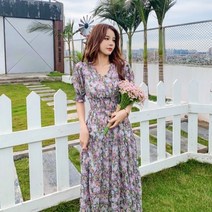알리팡(Alipang) 여성 여름 원피스 쉬폰드레스 쉬폰원피스 복고풍 브이넥 롱원피스 바캉스 휴가