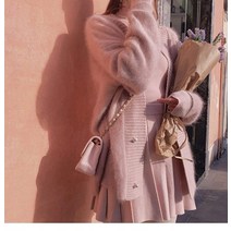 런던 플랏 가르송 니트 우아한 여성 밍크 카디건 코트 세련된 겨울 진주 버튼 넥 모헤어