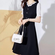 잇츠스타일 여성 블랙 앤 화이트 배색 반팔 프렌치 리본 단정한 중년 미디원피스