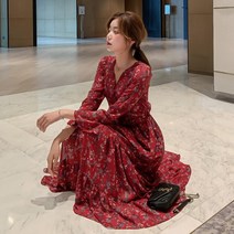 (오늘발송)﻿ elohim-엘텍 플로럴 프린트 쉬폰 브이넥 원피스