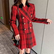 타탄 체크 자켓 원피스 빅 카라 졸업식 플리츠 미니 하객룩 레드