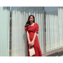 하트하투 스퀘어넥 리본 체크 원피스