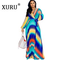 빅사이즈롱원피스 XURU 2020 여성 쉬폰 프린트 드레스 풀 슬리브 v 넥 벨트 루즈 캐주얼 비치 롱 맥시 로브