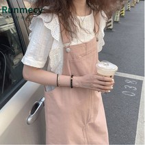 런메시Runmecy 여름 핑크 데님 멜빵 원피스 나시 원피스