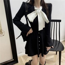 퐁순싸롱 수입 하객 배색 왕 리본 A라인 퍼프 미니 원피스 SY