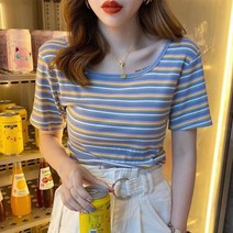 프랑스어 스타일 쇄골 스퀘어 칼라 스트라이프 반팔 티셔츠 여성 2022 여름 새로운 한국어 스타일 인터넷 연예인 다목적 가기 패션
