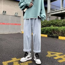 청바지 남성 트렌드 홍콩 스타일 스트레이트 루즈 와이드 레그 팬츠 남성 여름 얇은 하이 스트리트 팬츠