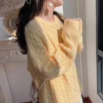 부드러운 가을 겨울 파스텔톤 꽈배기 니트 라운드넥 루즈핏 스웨터 여성