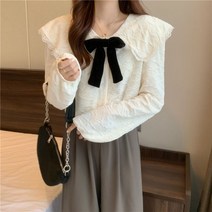 안나리야 레이스 빅 카라 벨벳 배색 루즈핏 리본 블라우스 SY