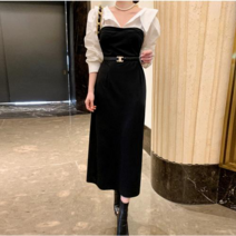 봄 오프 숄더 소매 퍼프 셔츠 배색 롱 원피스 결혼식 하객원피스 추천