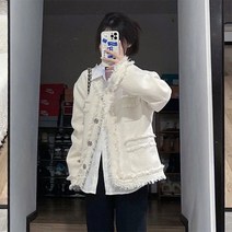 여성 트위드 자켓 여성위한 미색 술 운 스타일 재킷 한국 봄 가 특대 샤기 탑