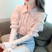 걸즈데이 핑크 잔꽃 어깨 트임 오프숄더 블라우스