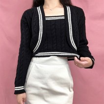 오월 여성용 세트가격 이든 꽈배기 배색 라인 크롭 스퀘어넥 나시 민소매 볼레로 긴팔 니트 가디건 투피스 세트 셋업 (2color)