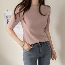 바이단미 MADE 여성용 봄 기본 베이직 슬림핏 입술넥 반팔 니트