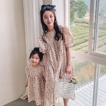 해외러블리 플라워 잔꽃 여아 반팔원피스 코튼 퍼프 루즈핏 롱원피스 엄마랑딸 커플 2컬러