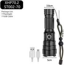 손전등 usb충전식 휴대용 초강력 LED 손전등 USB 충전식 줌 라이트 XHP50 핸드 램프 26650 18650 배, [04] Package D, [01] Black