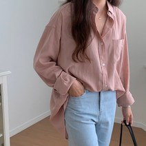 여자 린넨 텐셀 얇은긴팔 루즈핏 솔리드 셔츠