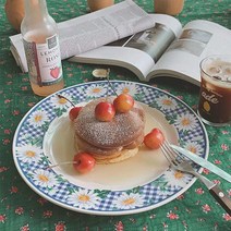 빈티지 체크 플라워접시 체크패턴접시 레트로 디저트접시