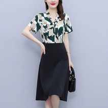 나드리 중년여성 리본 타이 프린트 배색 정장 미디 원피스