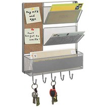 MyGift 2-Slot Wall Mounted Silver Metal Mesh Mail Sorter with Storage Basket Cork Board and 5 Key, 1