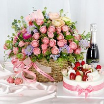 [꽃다발전국배달] 99플라워 (당일수령) 꽃바구니+케익+샴페인무알콜포함 [ST-A1854] - 전국꽃배달서비스 로즈데이 생일 선물 생화 케익 당일배송